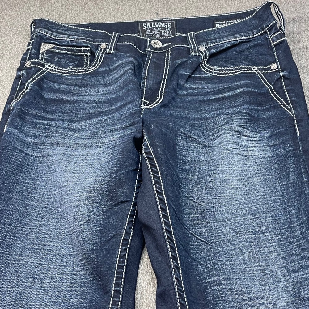 Salvage Mayhem Boot Jeans Mens 36x31.5 Dark Wash Contrast Stitch Raw Hem